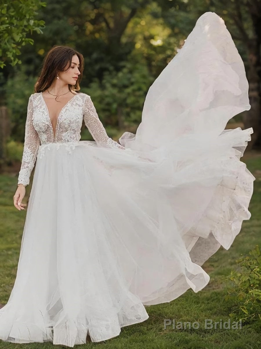 A-Line/Princess Scoop Cathedral Train Tulle Wedding Dresses With Appliques Lace Main image