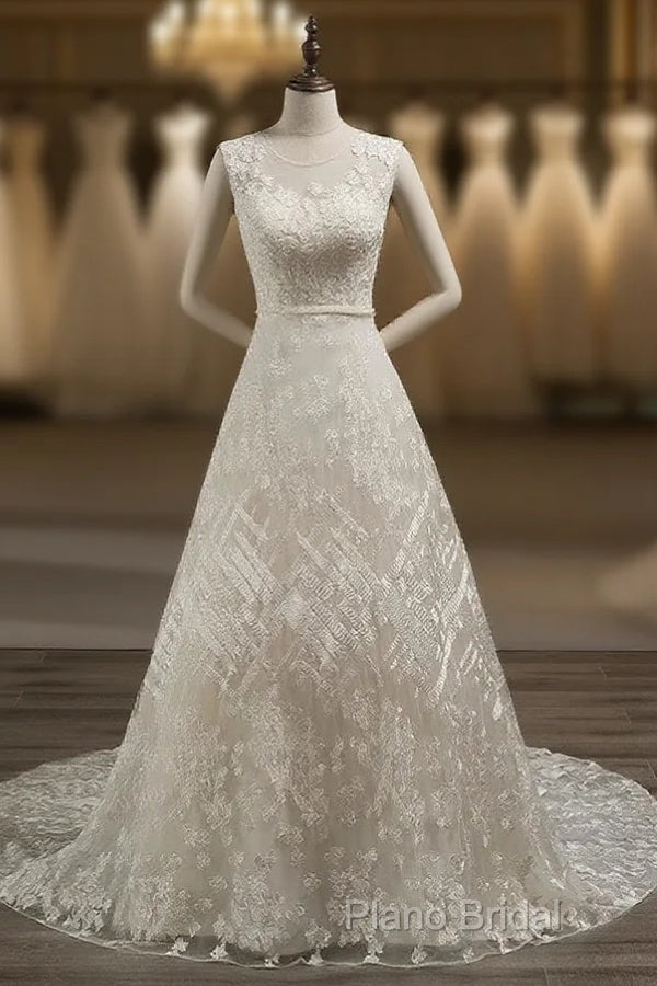 A-Line/Princess Scoop Sleeveless Tulle Applique Covered Button Court Train Wedding Dresses Main image