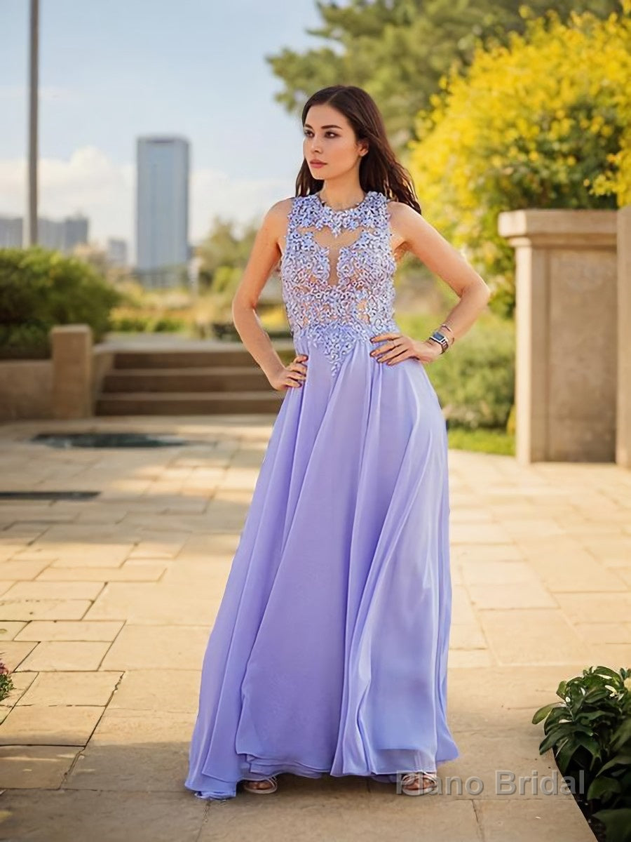 A-Line/Princess Scoop Sweep Train Chiffon Prom Dresses With Appliques Lace