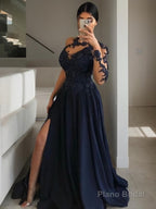 A-Line/Princess Scoop Sweep Train Satin Prom Dresses With Leg Slit