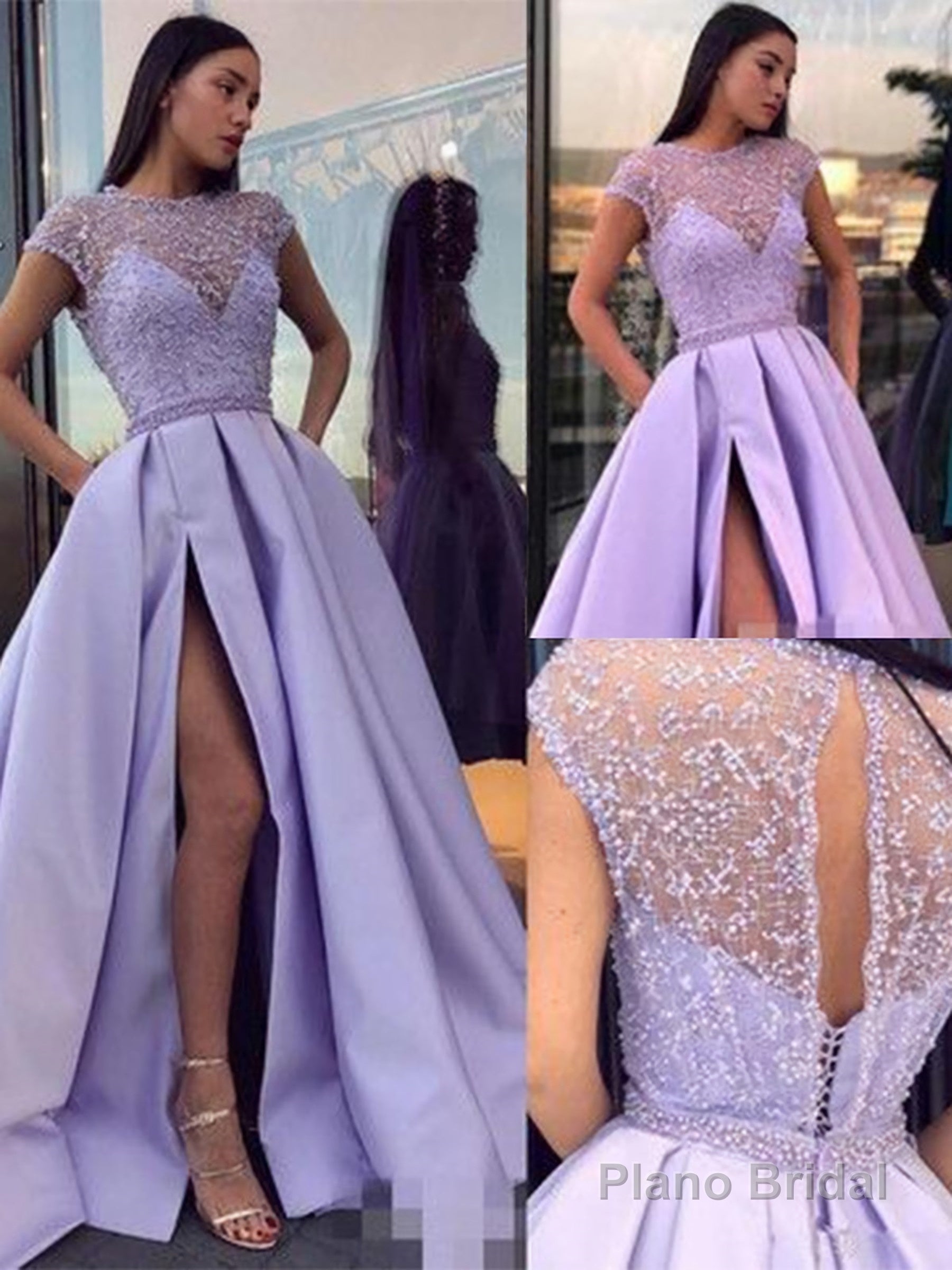 A-Line/Princess Scoop Sweep Train Satin Prom Dresses With Pockets Main image