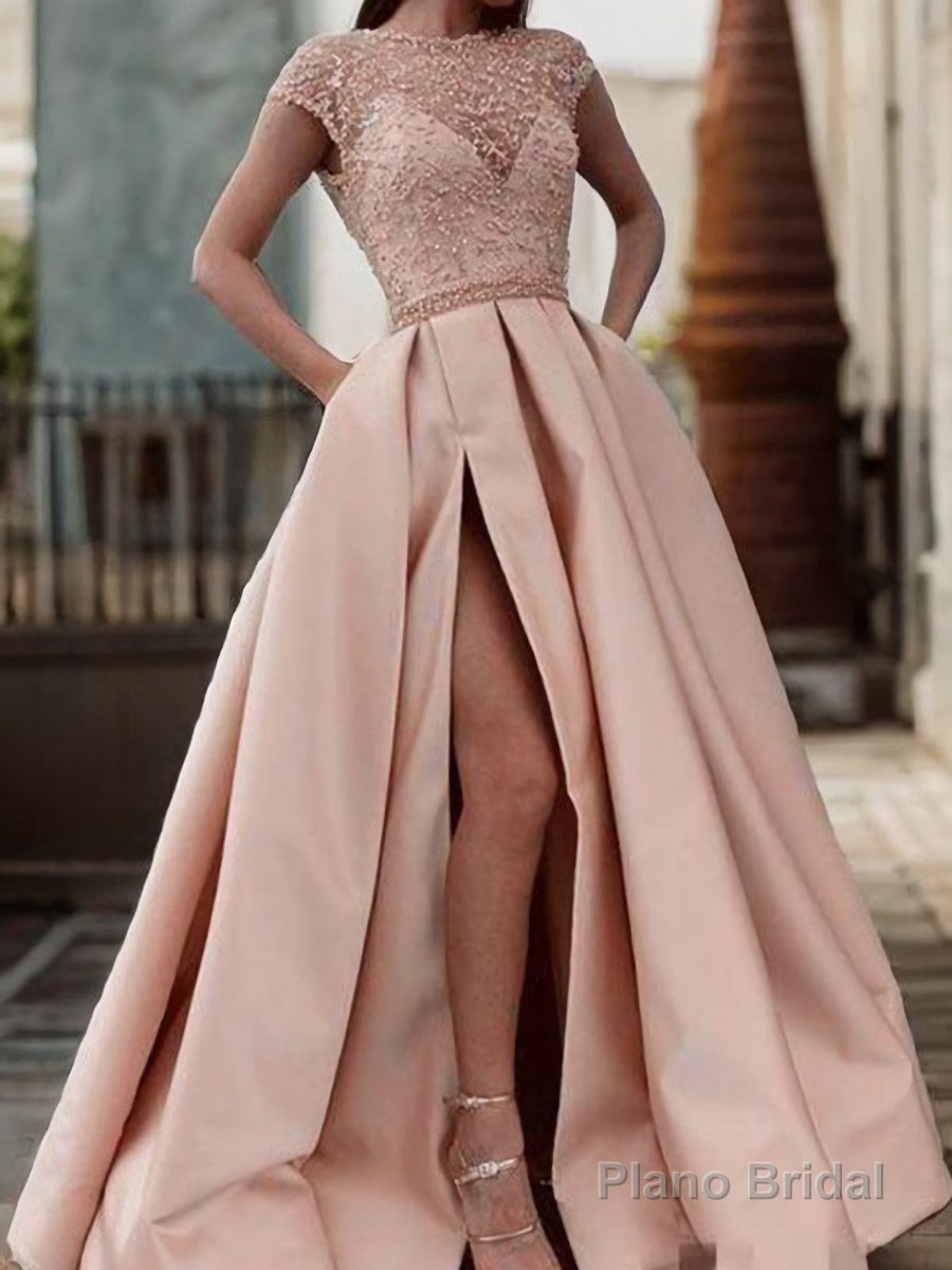 A-Line/Princess Scoop Sweep Train Satin Prom Dresses With Pockets Secondary image