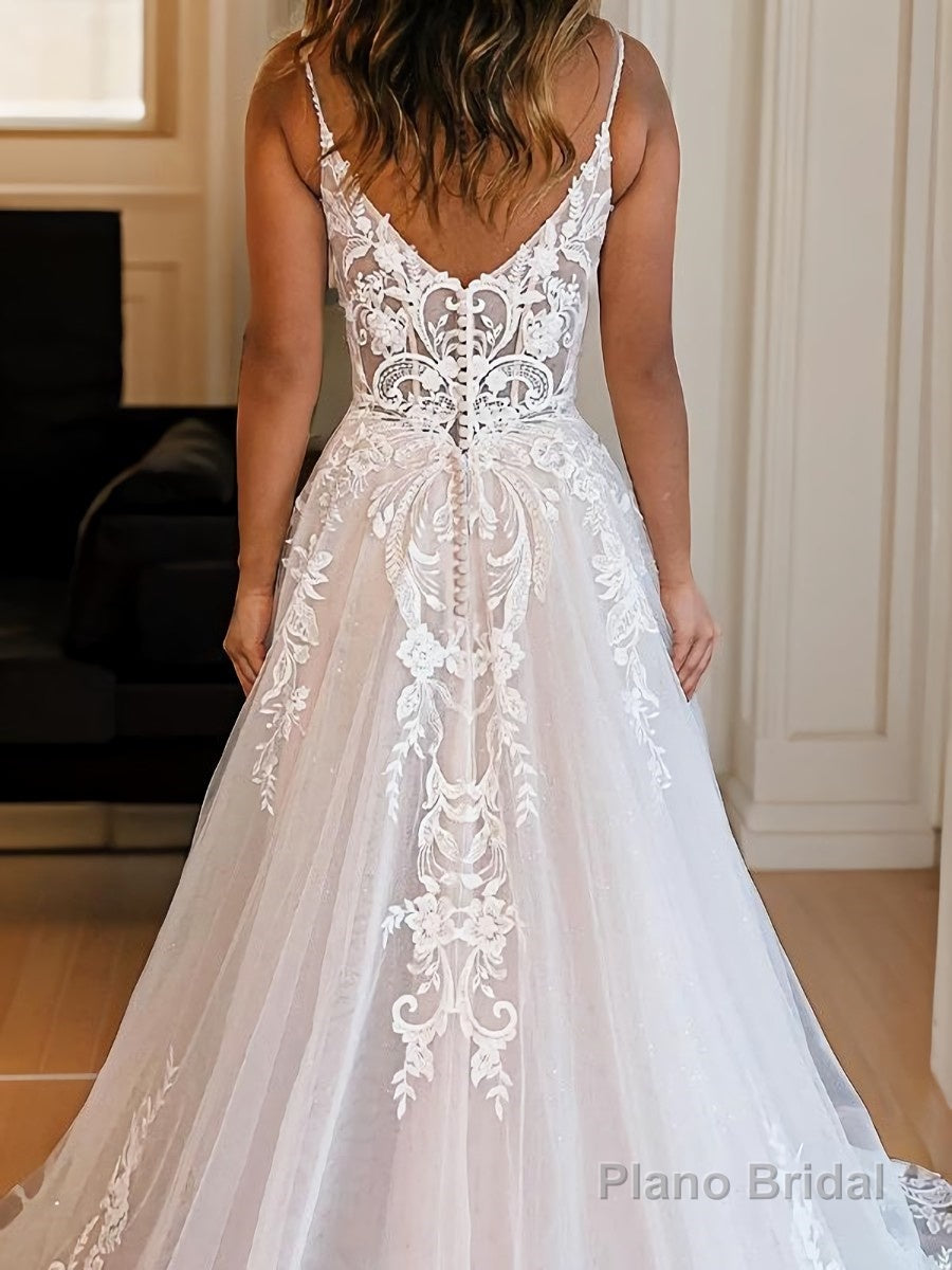 A-Line/Princess Spaghetti Straps Chapel Train Tulle Wedding Dresses With Leg Slit