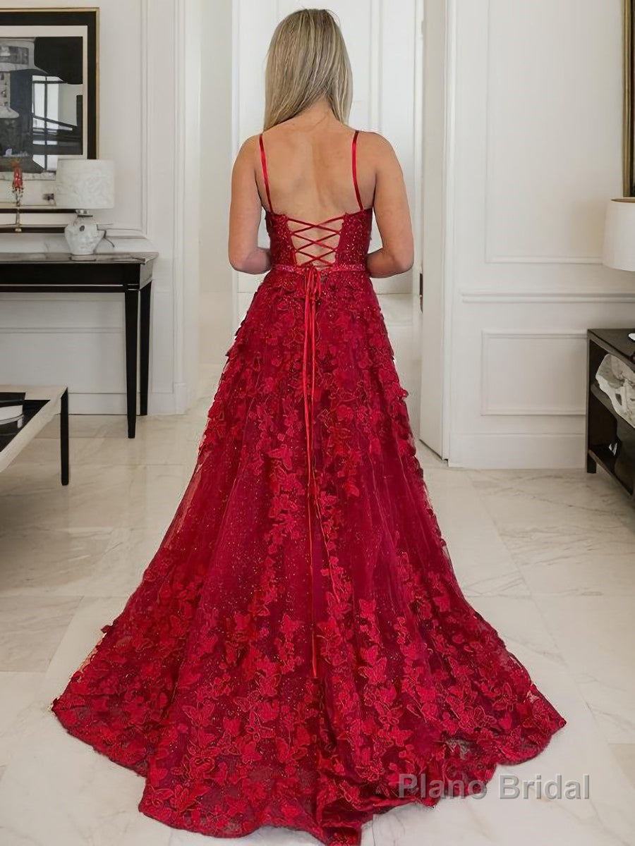 A-Line/Princess Spaghetti Straps Court Train Tulle Prom Dresses With Leg Slit Secondary image