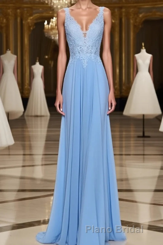 A-Line/Princess Spaghetti Straps Floor-Length Chiffon Formal Prom Dresses With Appliques Lace