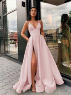 A-Line/Princess Spaghetti Straps Floor-Length Satin Prom Dresses With Leg Slit
