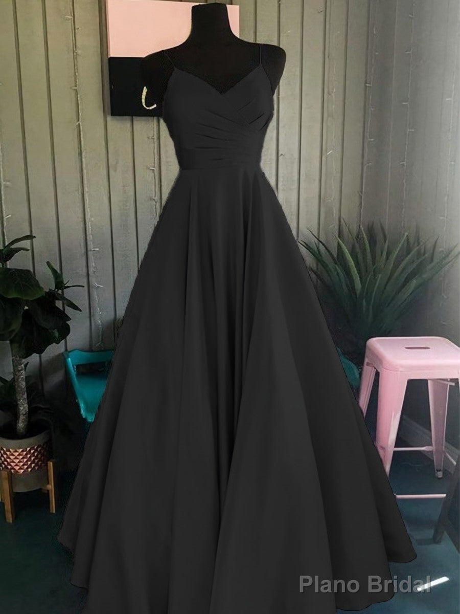 A-Line/Princess Spaghetti Straps Floor-Length Satin Prom Dresses With Ruffles Secondary image