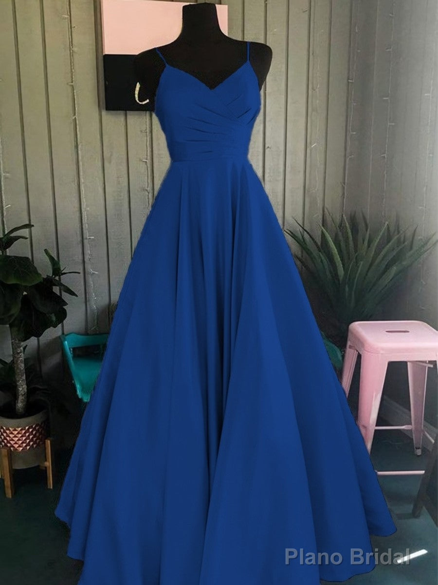 A-Line/Princess Spaghetti Straps Floor-Length Satin Prom Dresses With Ruffles