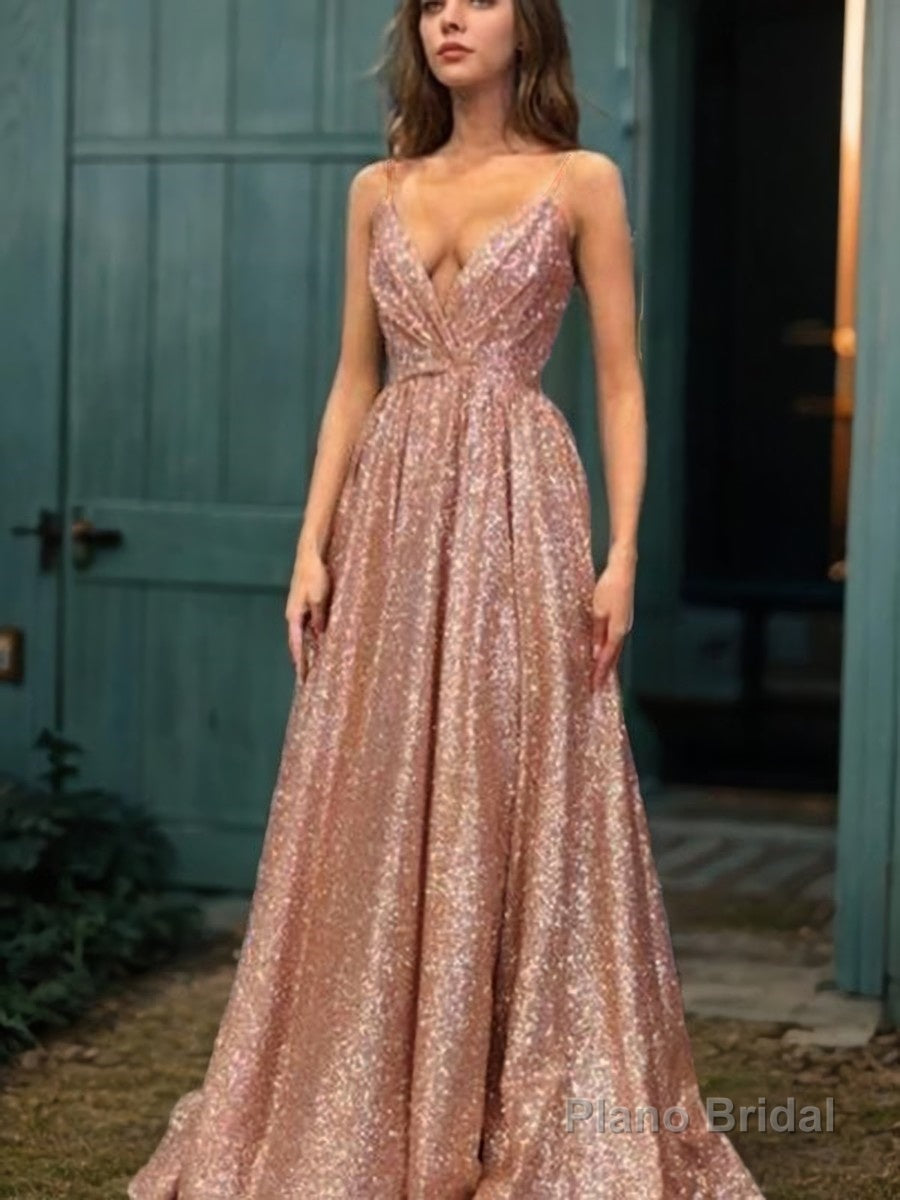 A-Line/Princess Spaghetti Straps Floor-Length Sequins Evening Dresses With Ruffles Main image