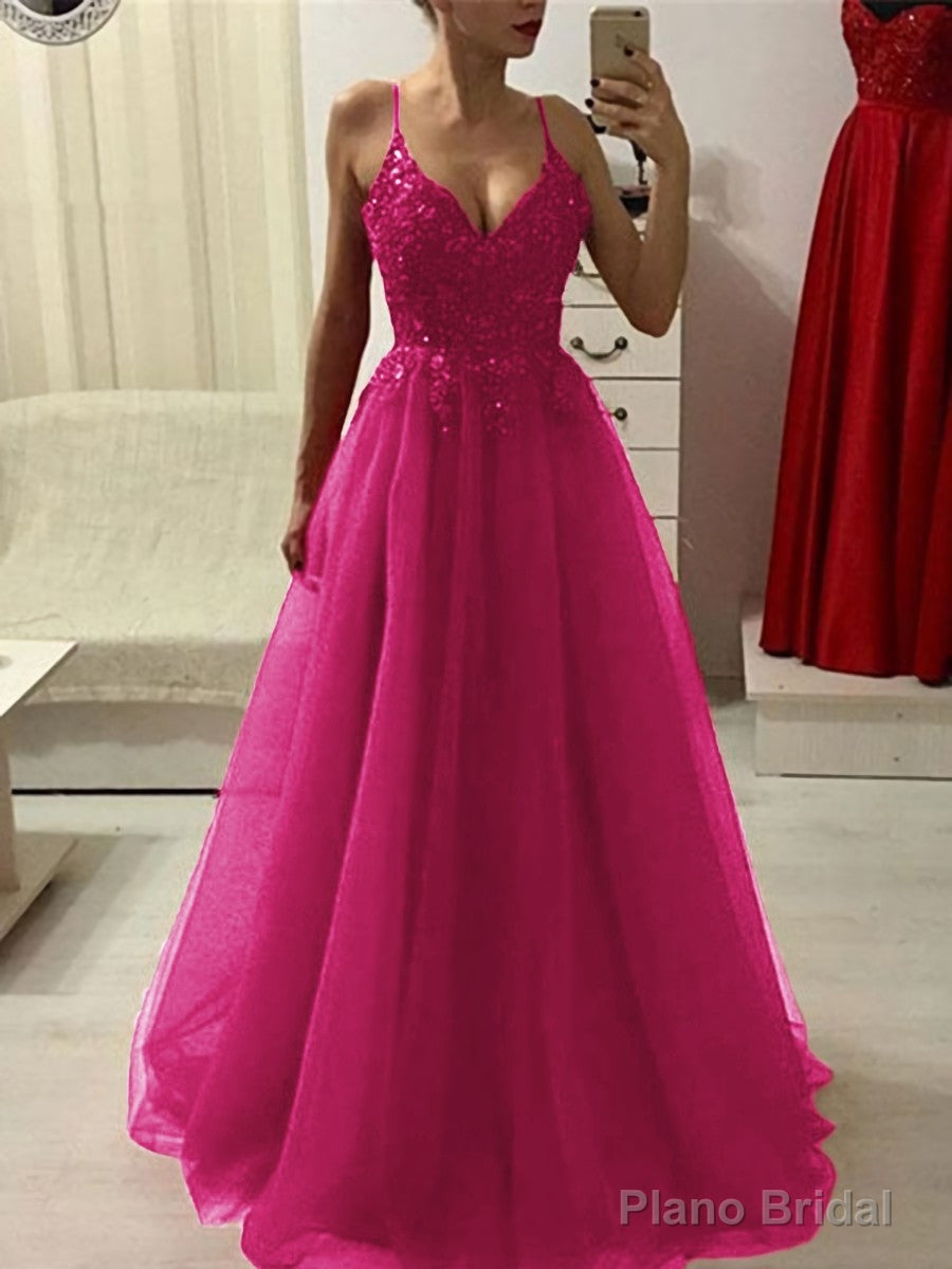A-Line/Princess Spaghetti Straps Floor-Length Tulle Prom Dresses With Appliques Lace