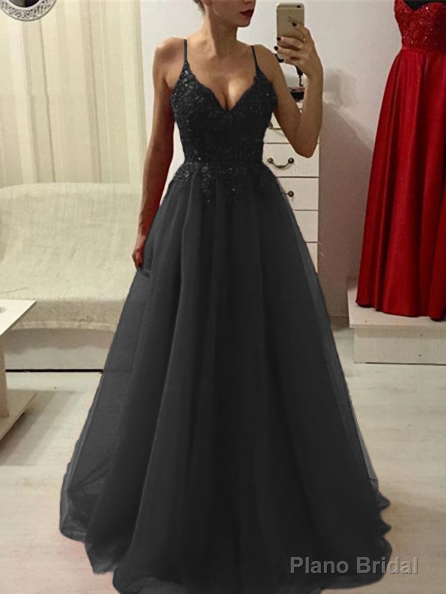 A-Line/Princess Spaghetti Straps Floor-Length Tulle Prom Dresses With Appliques Lace Secondary image