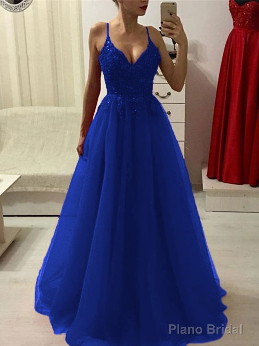 A-Line/Princess Spaghetti Straps Floor-Length Tulle Prom Dresses With Appliques Lace
