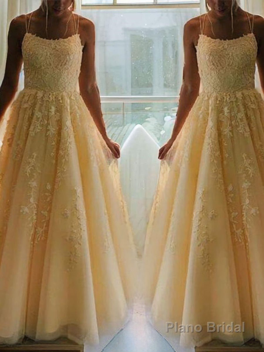 A-Line/Princess Spaghetti Straps Floor-Length Tulle Prom Dresses With Appliques Lace Main image