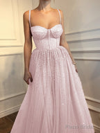 A-Line/Princess Spaghetti Straps Floor-Length Tulle Prom Dresses With Beading