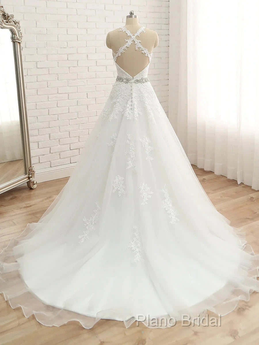A-Line/Princess Spaghetti Straps Sleeveless Applique With Belt Tulle Floor-Length Wedding Dresses Secondary image