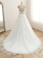 A-Line/Princess Spaghetti Straps Sleeveless Applique With Belt Tulle Floor-Length Wedding Dresses