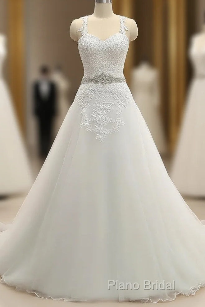 A-Line/Princess Spaghetti Straps Sleeveless Applique With Belt Tulle Floor-Length Wedding Dresses Main image