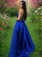 A-Line/Princess Spaghetti Straps Sweep Train Satin Prom Dresses