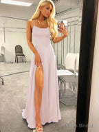 A-Line/Princess Spaghetti Straps Sweep Train Silk like Satin Prom Dresses With Leg Slit