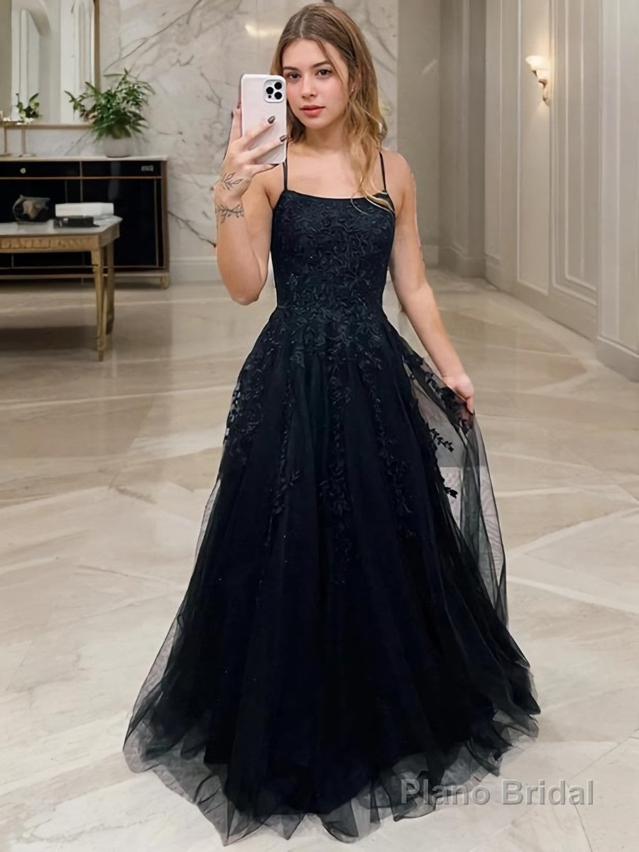 A-Line/Princess Spaghetti Straps Sweep Train Tulle Prom Dresses With Appliques Lace Secondary image