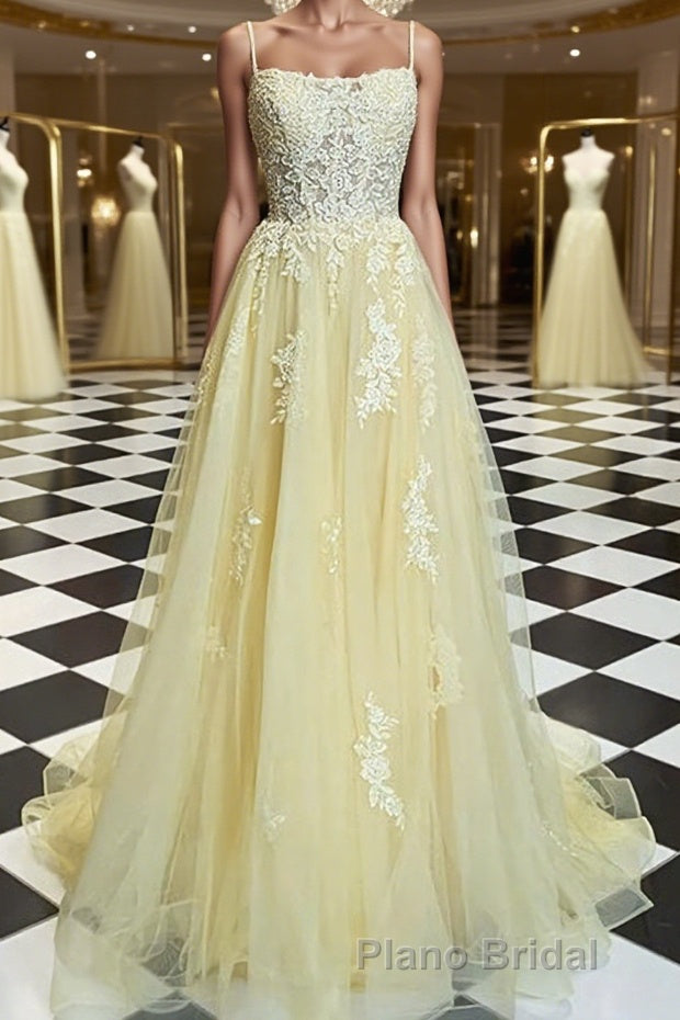 A-Line/Princess Spaghetti Straps Sweep Train Tulle Formal Prom Dresses With Appliques Lace