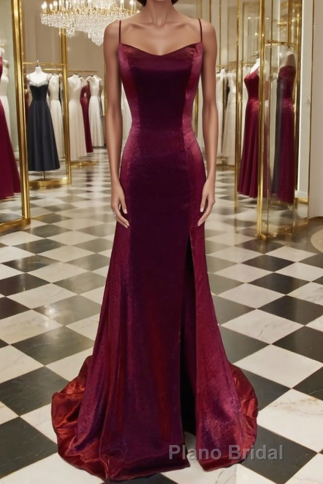 A-Line/Princess Spaghetti Straps Sweep Train Velvet Formal Prom Dresses With Leg Slit Main image