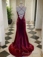 A-Line/Princess Spaghetti Straps Sweep Train Velvet Formal Prom Dresses With Leg Slit