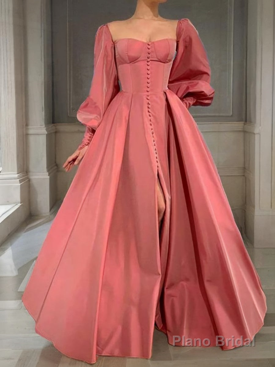 A-Line/Princess Square Floor-Length Satin Prom Dresses With Leg Slit Main image