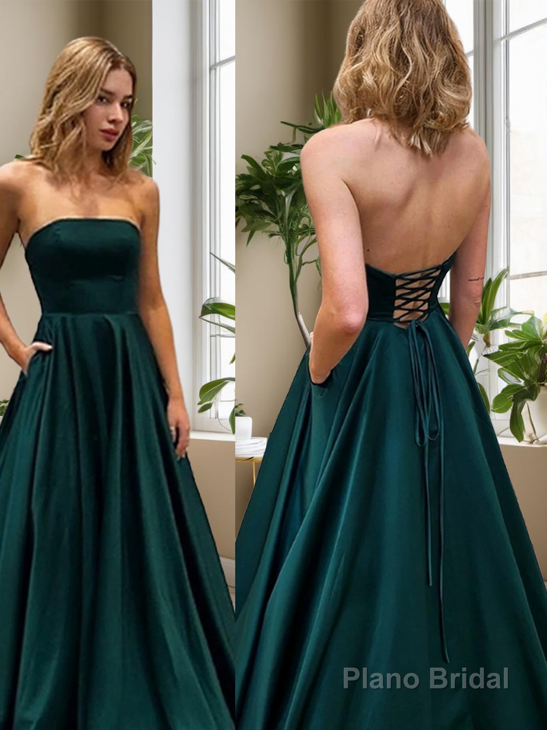 A-Line/Princess Strapless Sweep Train Satin Evening Dresses With Pockets Main image
