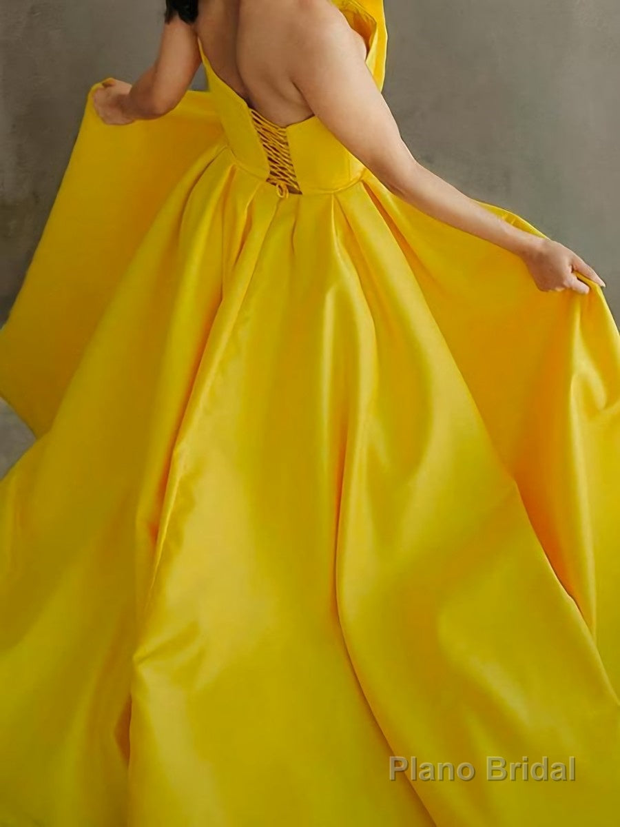 A-Line/Princess Strapless Sweep Train Satin Prom Dresses With Leg Slit Secondary image