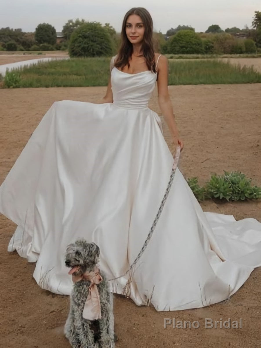 A-line/Princess Straps Court Train Satin Wedding Dress with Bow Main image