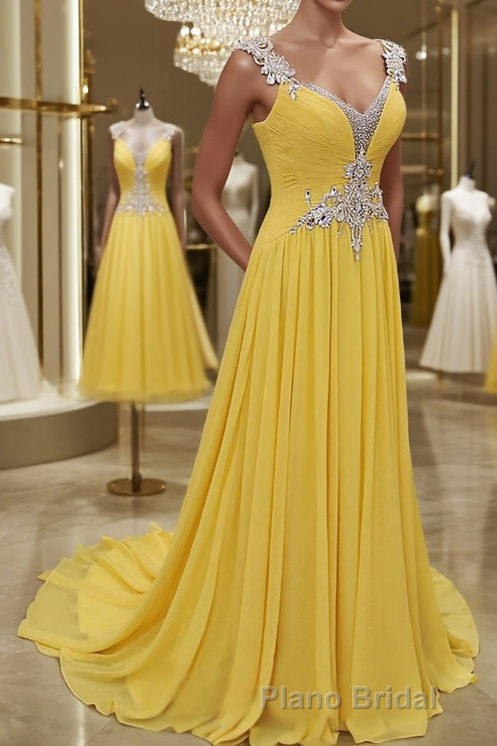 A-Line/Princess Straps Sweep Train Chiffon Formal Prom Dresses With Beading Main image