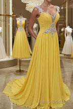 A-Line/Princess Straps Sweep Train Chiffon Formal Prom Dresses With Beading