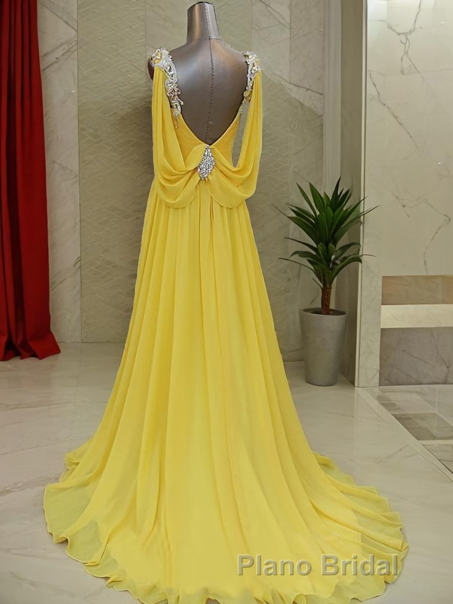 A-Line/Princess Straps Sweep Train Chiffon Formal Prom Dresses With Beading Secondary image