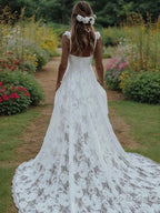 A-Line/Princess Straps Sweep Train Lace Wedding Dresses