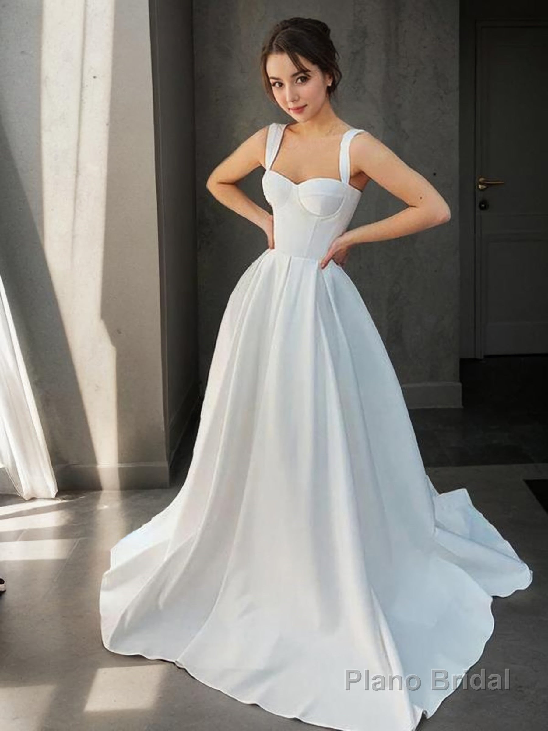 A-Line/Princess Straps Sweep Train Satin Wedding Dresses Main image