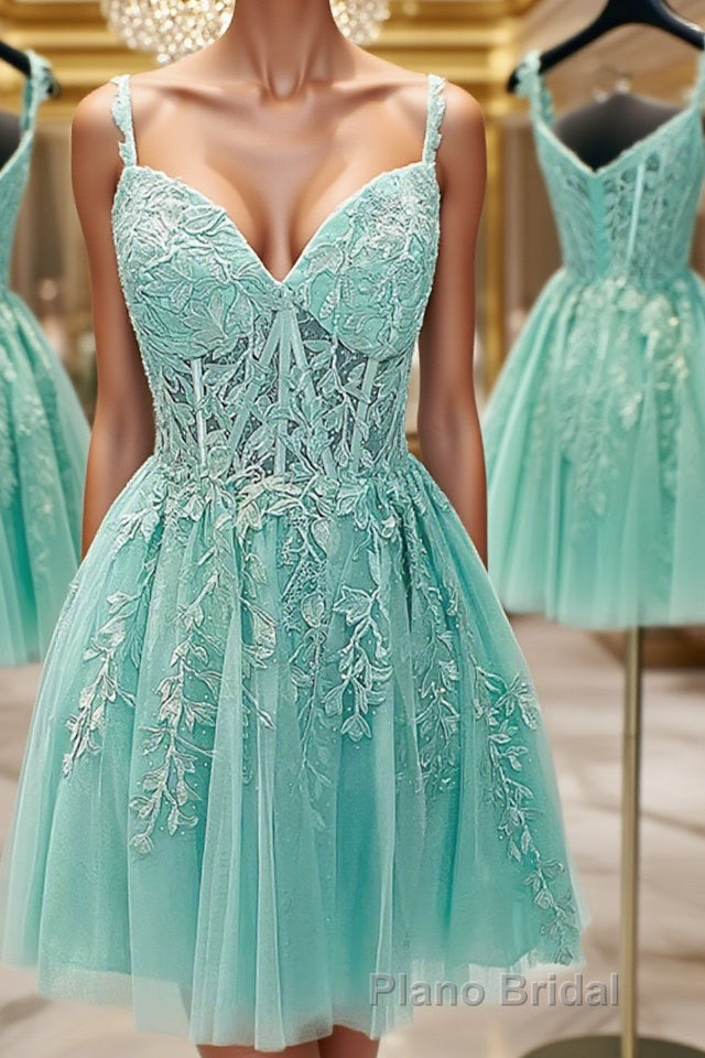 A-Line/Princess Sweetheart Corset Short/Mini Tulle Homecoming Dresses With Appliques Lace Main image