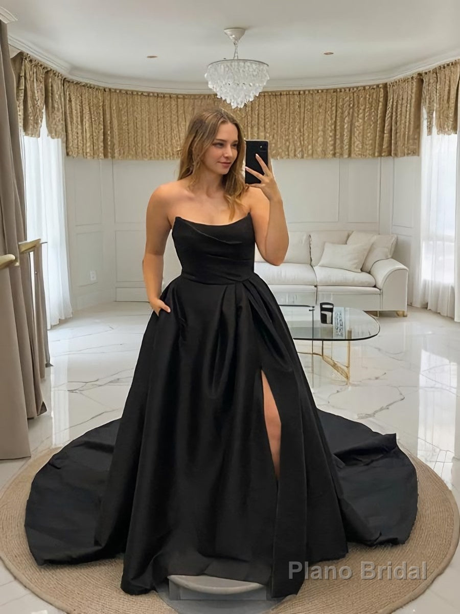 A-line/Princess Sweetheart Court Train Satin Wedding Dress with Leg Slit Main image