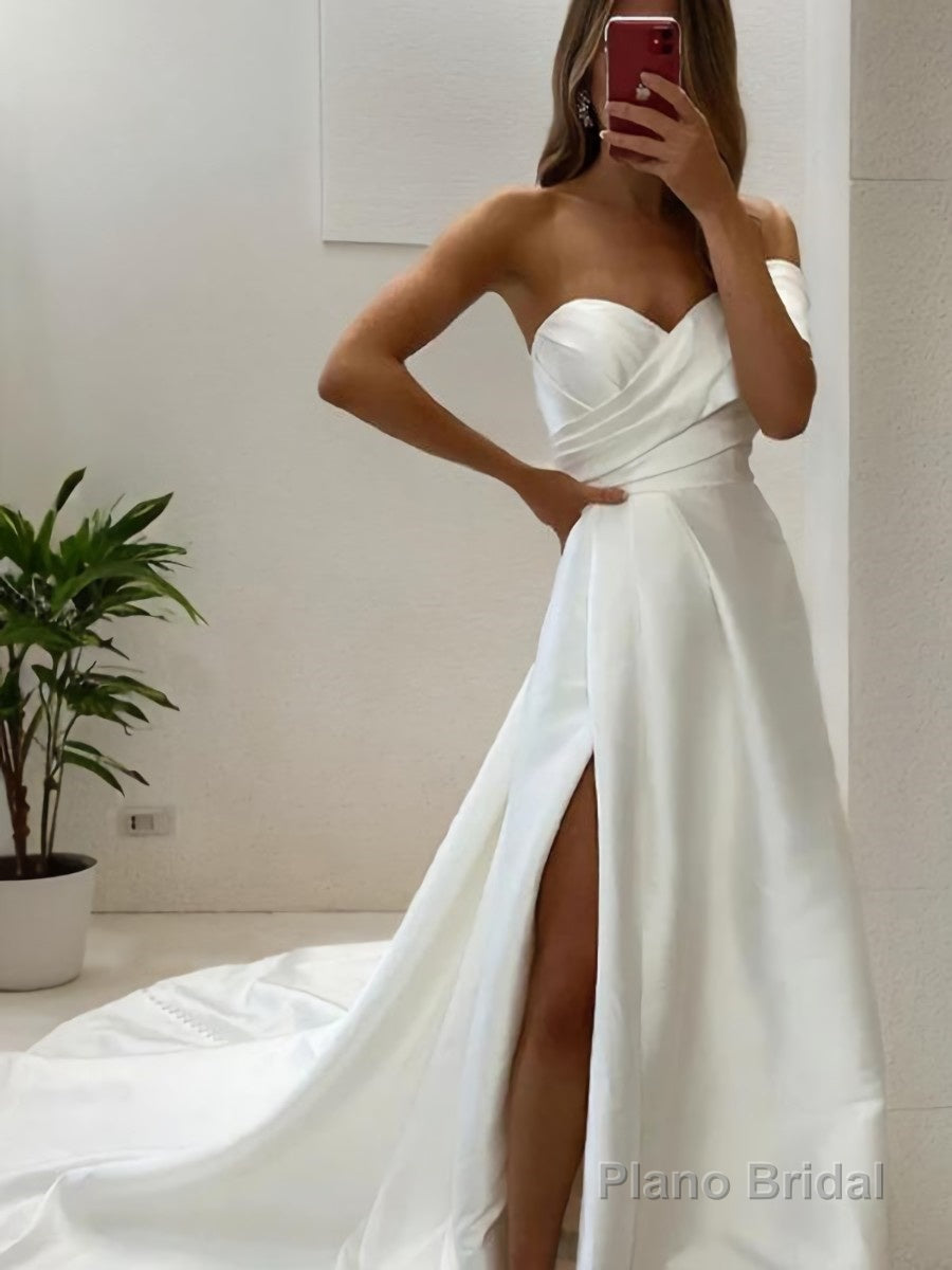 A-Line/Princess Sweetheart Court Train Satin Wedding Dresses With Leg Slit Main image