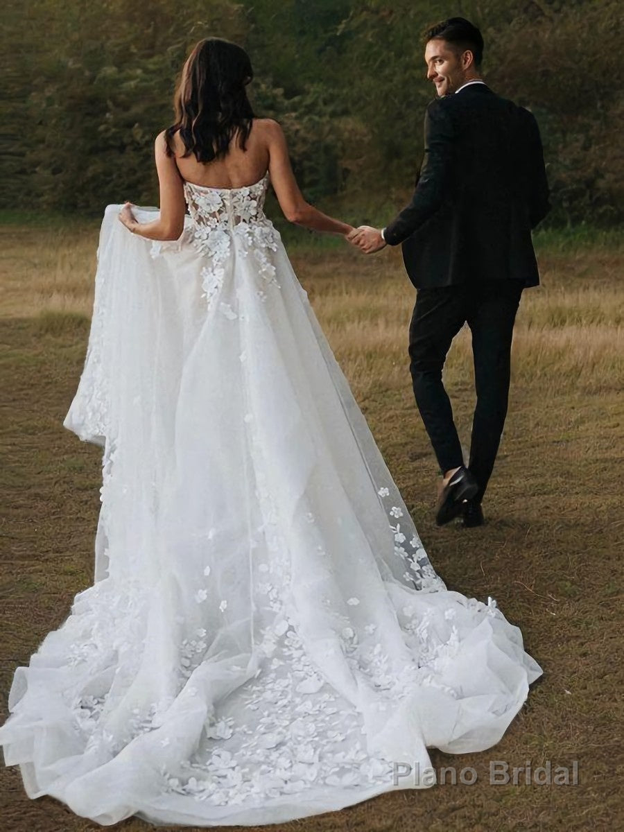 A-Line/Princess Sweetheart Court Train Tulle Wedding Dresses With Appliques Lace Secondary image