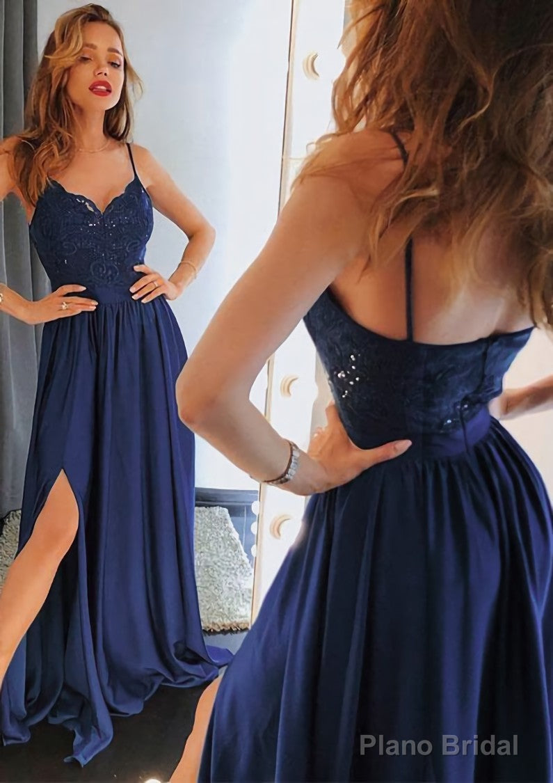 A-line/Princess Sweetheart Sleeveless Long/Floor-Length Charmeuse Prom Dresses With Split Lace
