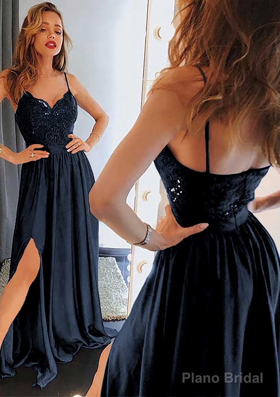A-line/Princess Sweetheart Sleeveless Long/Floor-Length Charmeuse Prom Dresses With Split Lace Secondary image