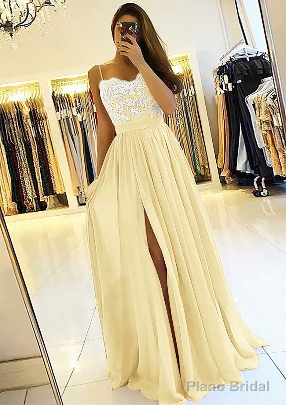 A-line/Princess Sweetheart Sleeveless Long/Floor-Length Chiffon Prom Dresses With Split Appliqued