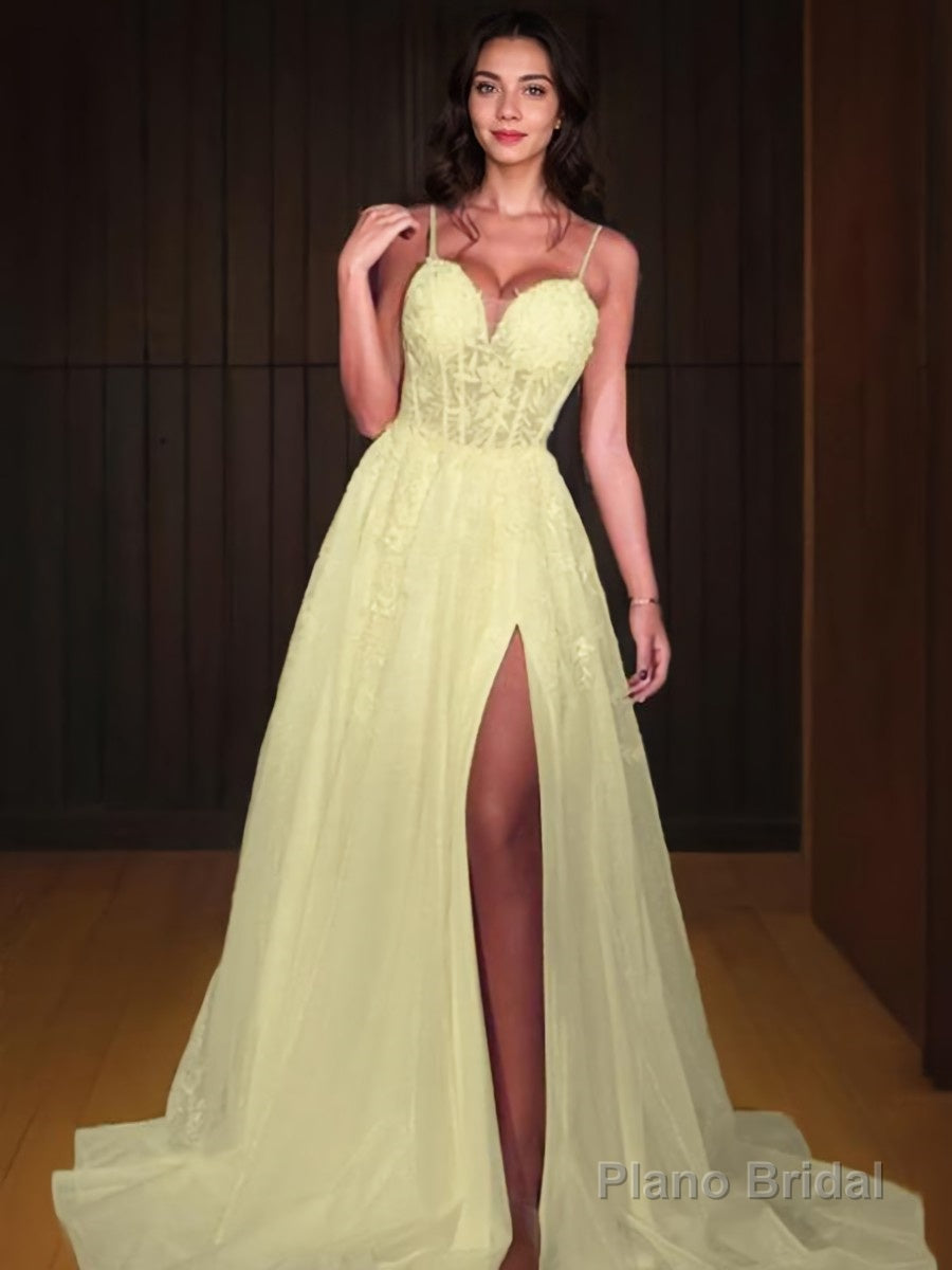 A-Line/Princess Sweetheart Sweep Train Lace Prom Dresses With Leg Slit Main image