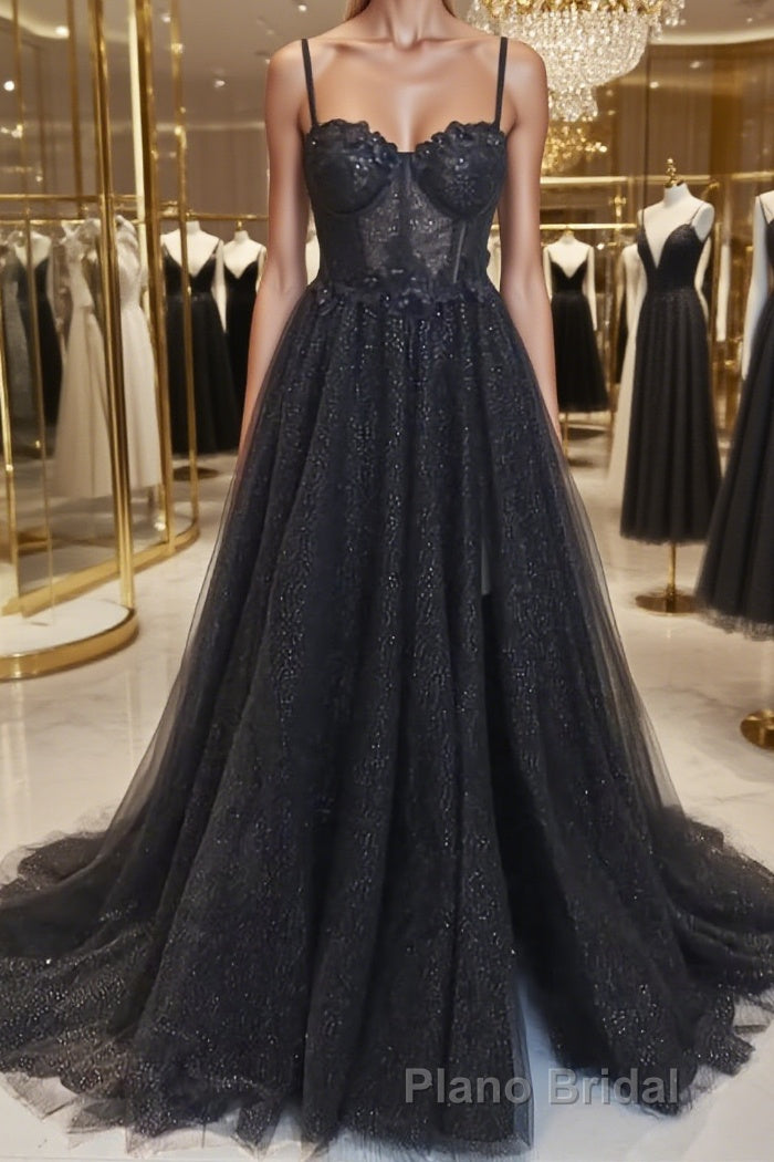 A-Line/Princess Sweetheart Sweep Train Formal Prom Dresses With Leg Slit Main image