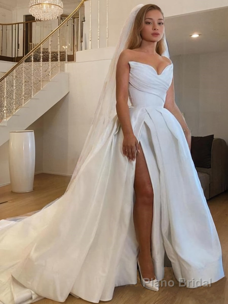A-Line/Princess Sweetheart Sweep Train Satin Wedding Dresses With Leg Slit Main image