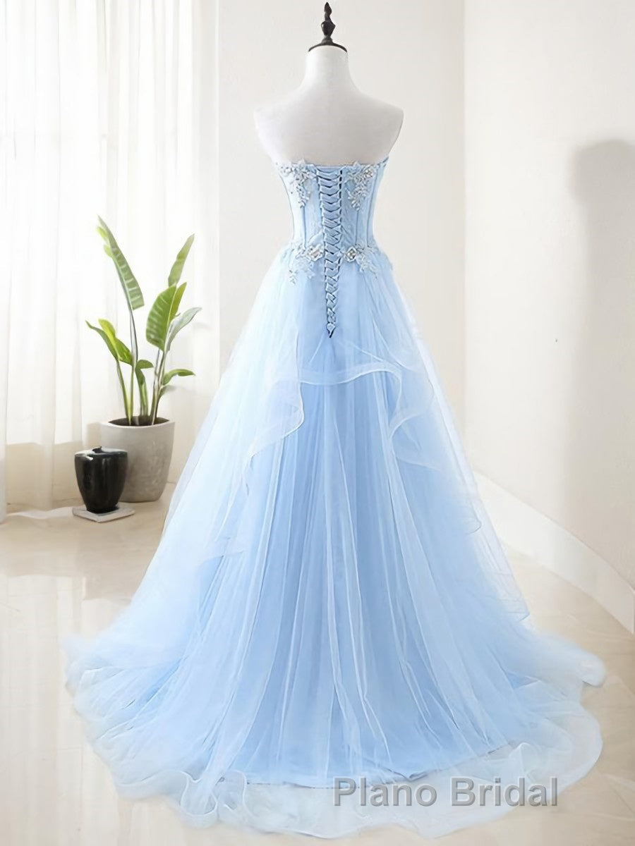A-Line/Princess Sweetheart Sweep Train Tulle Formal Prom Dresses With Appliques Lace Secondary image