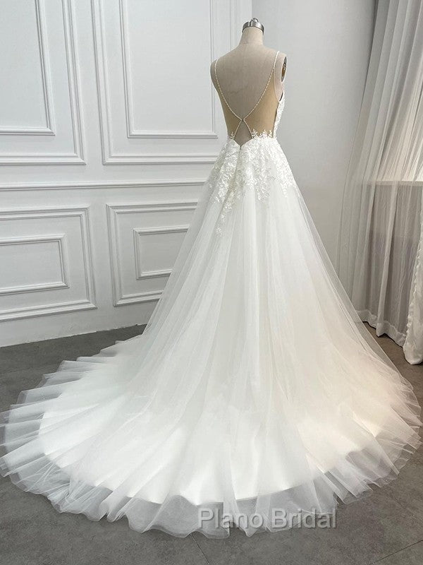 A-Line/Princess Tulle Applique V-Neck Sleeveless Chapel Train Wedding Dresses Secondary image