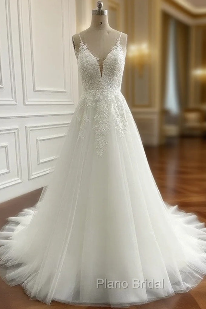 A-Line/Princess Tulle Applique V-Neck Sleeveless Chapel Train Wedding Dresses Main image