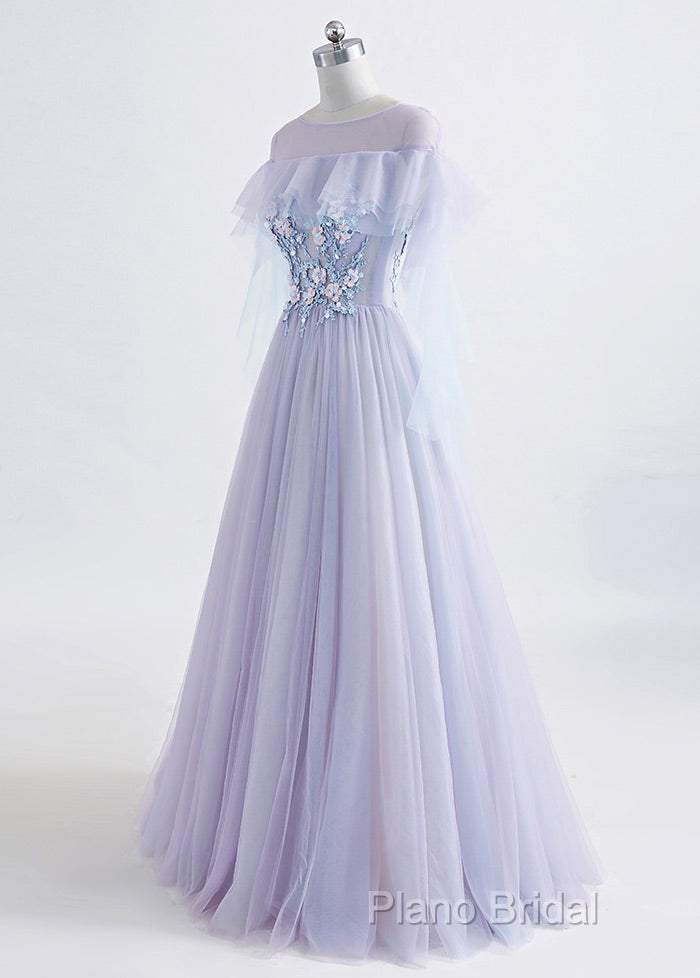 A-Line/Princess Tulle Jewel Floor-Length Formal Prom Dresses With Beaded Lace Appliques Secondary image